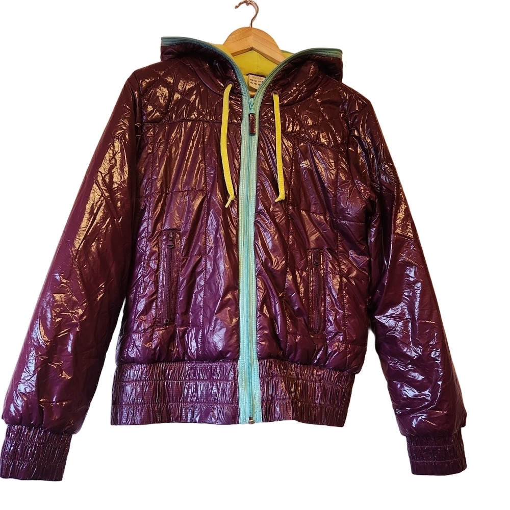 Adidas 2010 Shiny Quilted Puffer Jacket Purple Colorblock Y2K Streetwear Size M